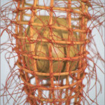 Yellow Orange Pod ©1999, Reed, waxed linen, cedar, wood stain, 37” x 11” x 10”